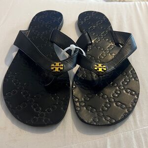 Tory Burch Black Sandals with Gold Emblem